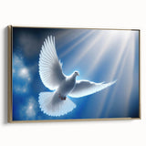Framed canvas wall art featuring a serene dove design with gold accents, showcasing an elegant side view; perfect for adding a touch of sophistication to any decor.