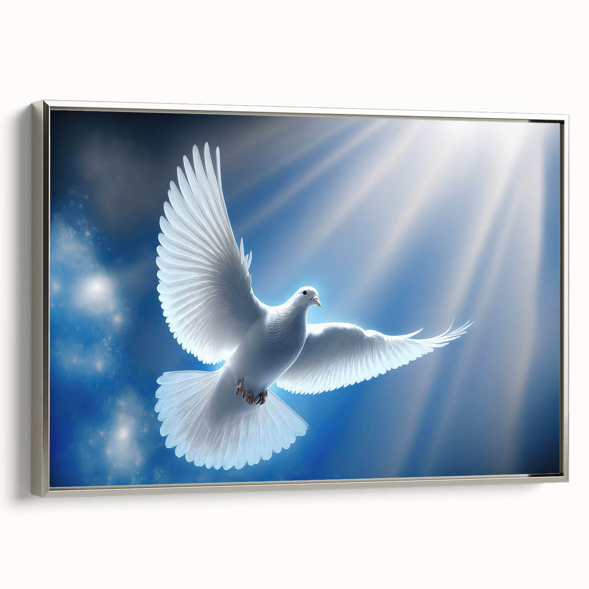 Framed wall art collection featuring a serene dove design on textured canvas with a silver frame, perfect for enhancing modern home decor and adding elegance.