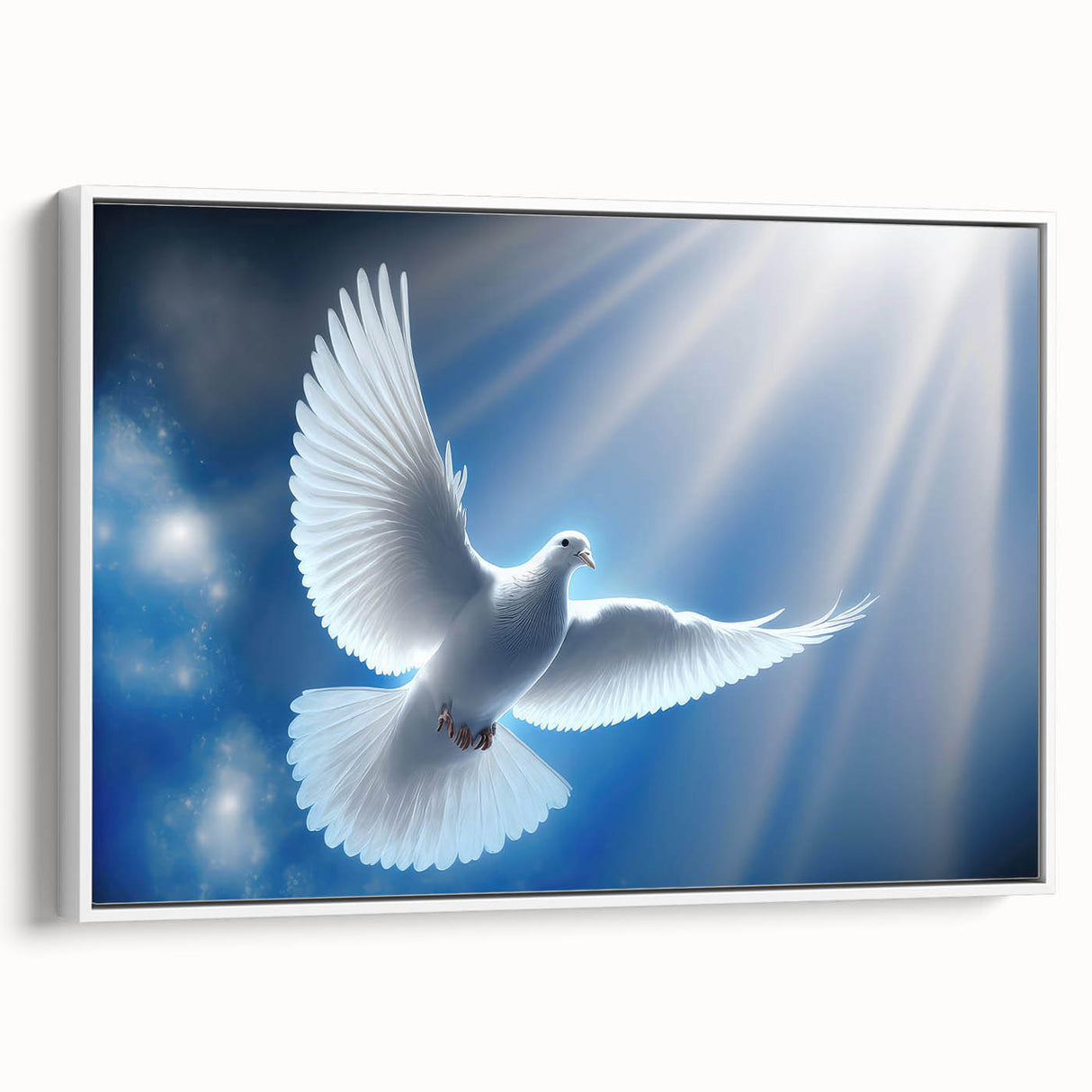 Framed wall art featuring a serene dove design on a textured canvas, presented in a sleek white frame, ideal for enhancing modern home decor.