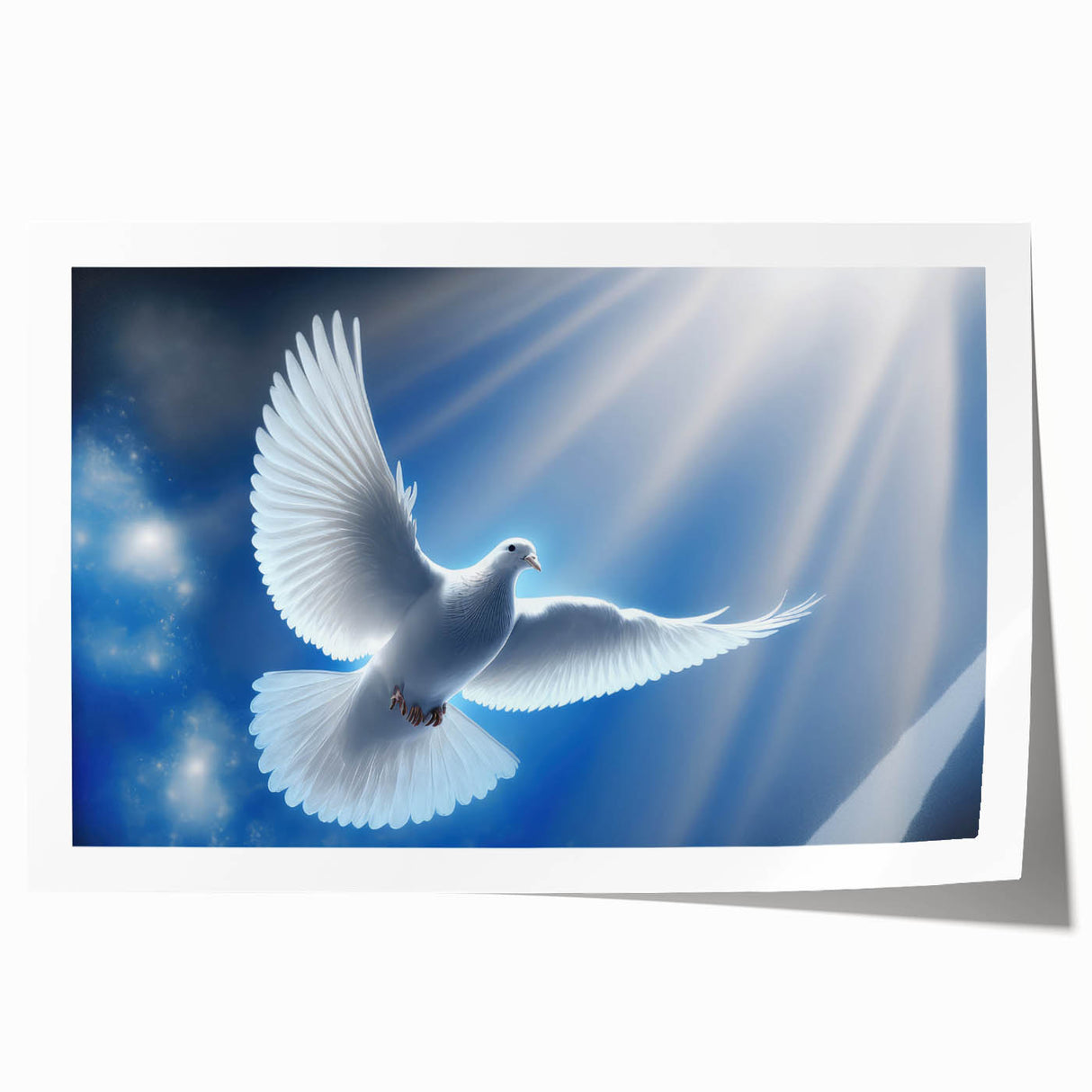 Colorful wall art print featuring a stylized dove design, ideal for home decor, showcasing vibrant hues of blue, orange, and green, rolled for easy framing.
