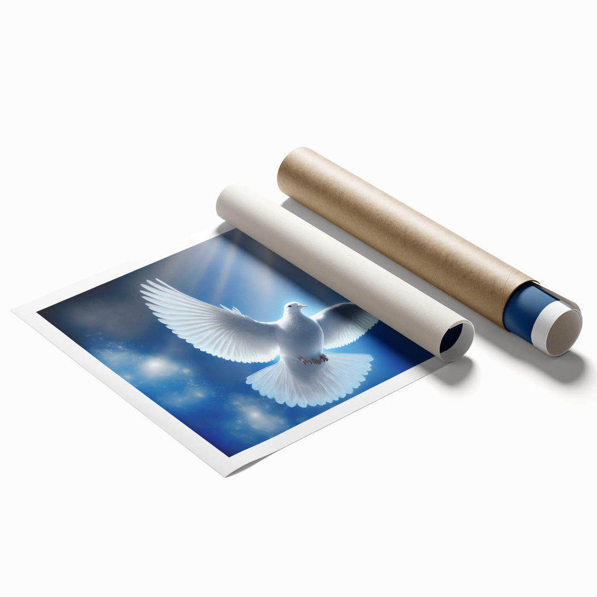 Elegant rolled print of a dove design in soft pastel colors, showcasing intricate details on textured paper, perfect for home decor and wall art collections. Ideal for adding a serene touch to living spaces or art enthusiasts' collections.