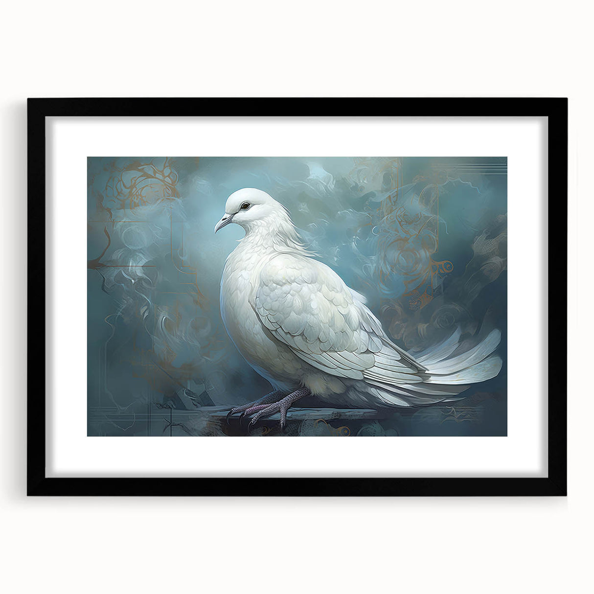 Elegant black-framed wall art featuring a serene dove design, showcasing intricate details and vibrant colors, ideal for enhancing home decor. Perfect for art enthusiasts and those seeking a peaceful ambiance.