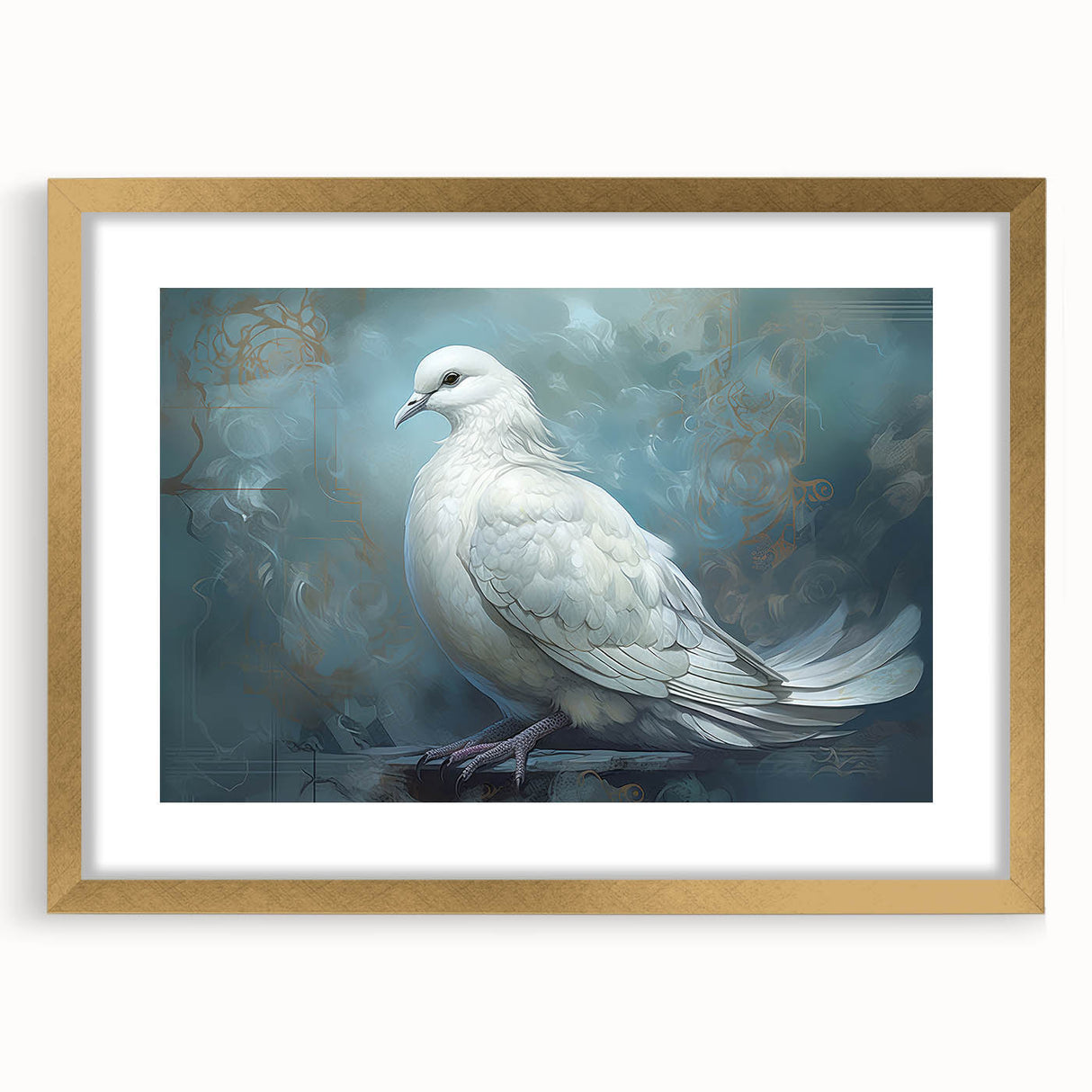 Elegant gold-framed wall art featuring a serene dove design, showcasing intricate details and a mat background, perfect for enhancing home decor with a touch of sophistication.
