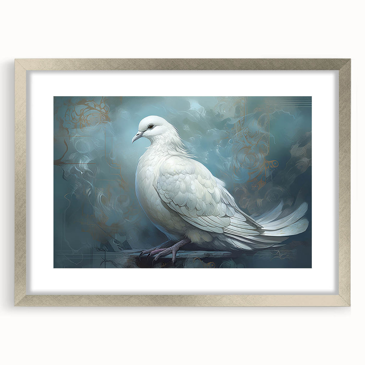 Dove-themed wall art collection framed in silver with a mat, showcasing detailed bird illustrations on a textured background, ideal for home decor.