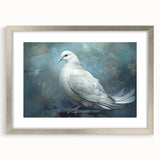 Dove-themed wall art collection framed in silver with a mat, showcasing detailed bird illustrations on a textured background, ideal for home decor.