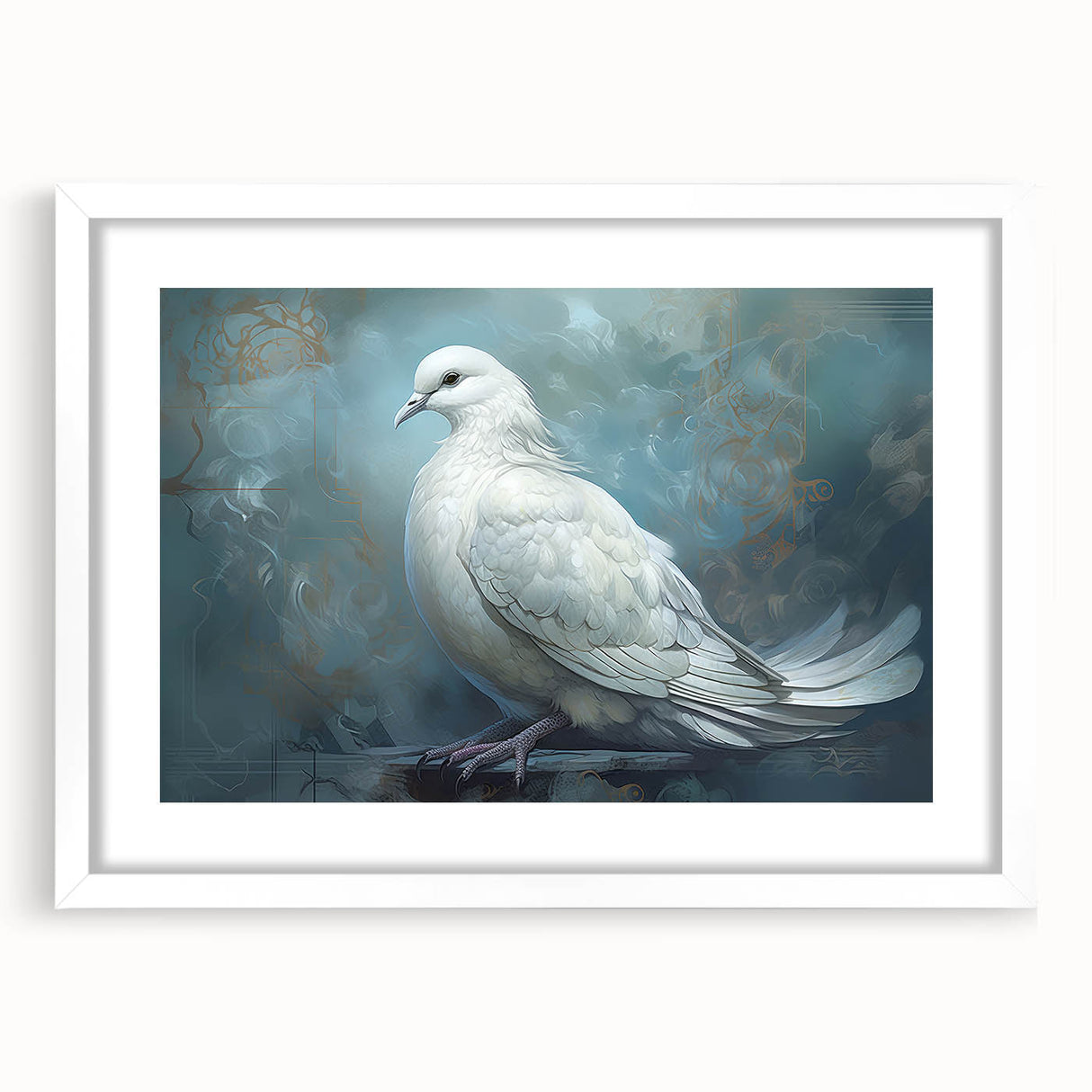 Framed wall art featuring a serene dove design with a white mat, showcasing elegant minimalist decor ideal for calming interior spaces. Perfect for nature lovers.