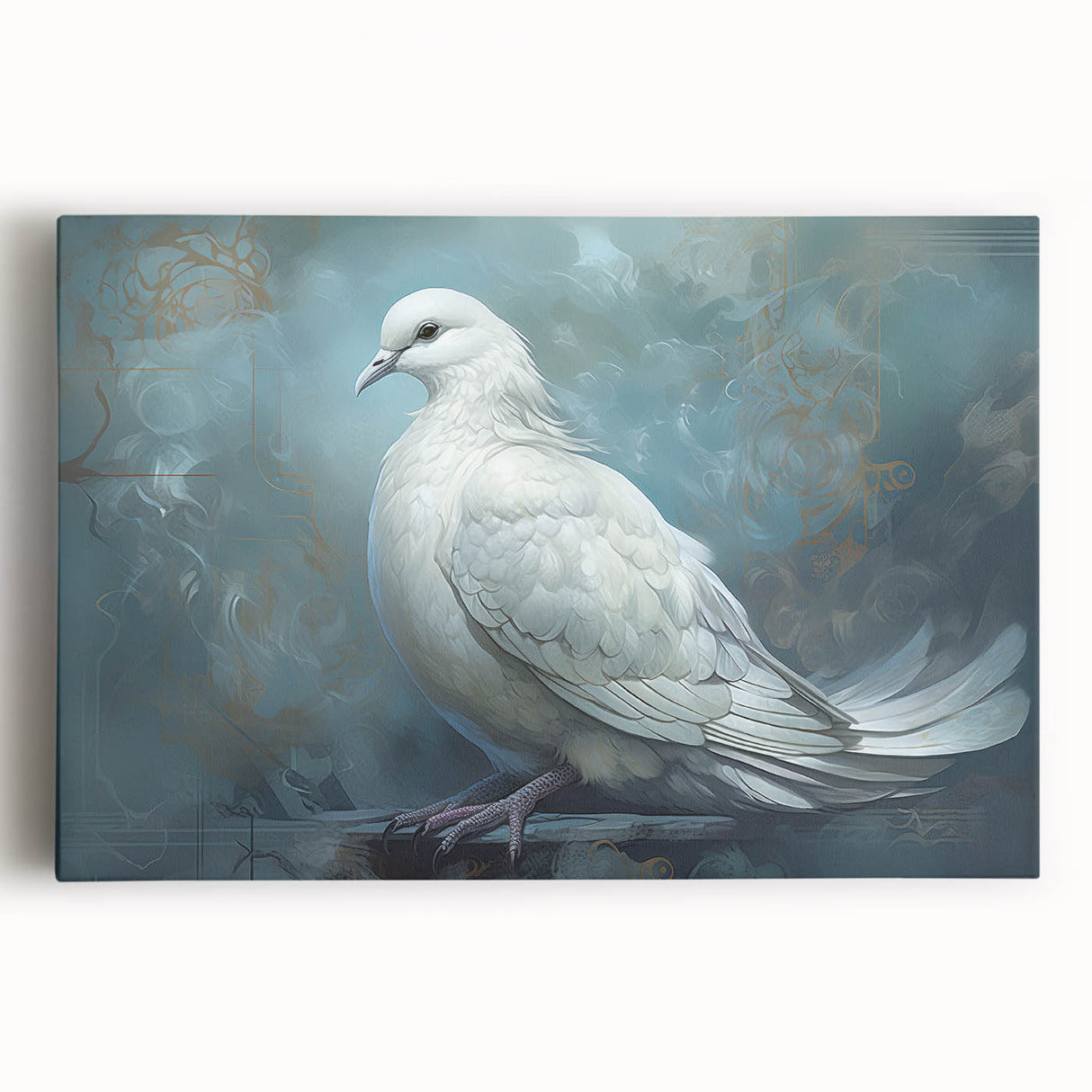 Stretched canvas wall art showcasing a serene dove design in soft pastel colors, perfect for adding tranquility to any living space or office decor.