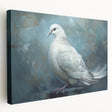 Elegant stretched canvas wall art depicting a serene dove design in soft white and gray hues, showcasing a side view that highlights its modern aesthetic. Perfect for enhancing home decor with a touch of nature-inspired tranquility.