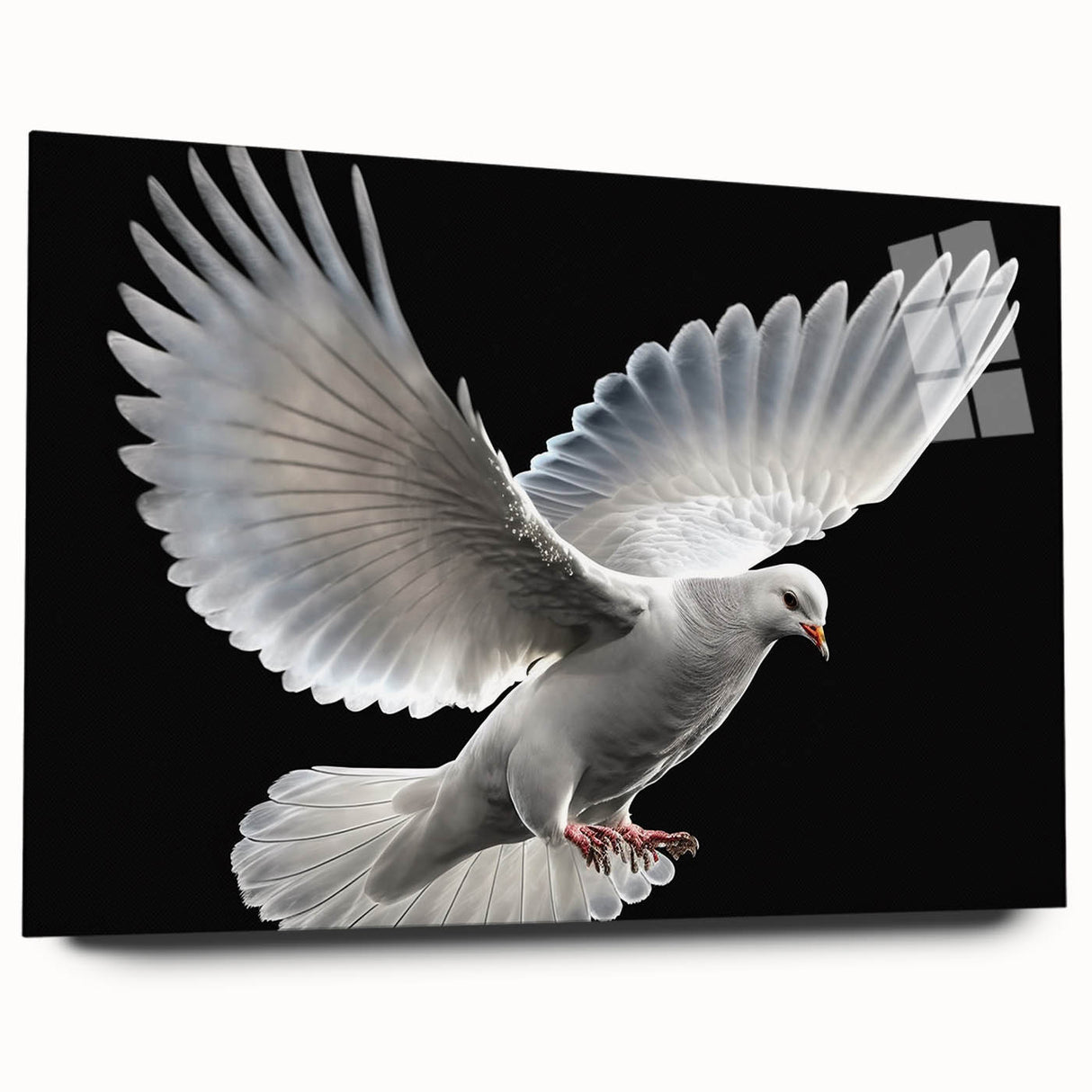 Elegant acrylic glass wall art depicting a serene dove design, showcased from a side view without pins, highlighting its sleek finish and modern aesthetic. Perfect for enhancing contemporary home decor.