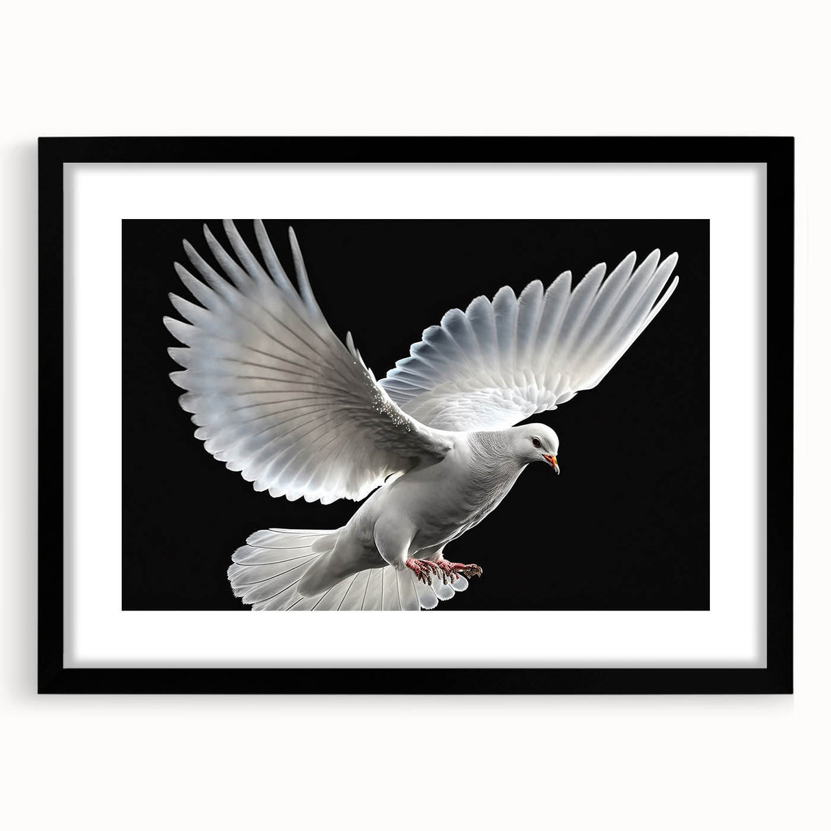 Framed wall art featuring a black dove design, set against a white mat, showcasing a modern aesthetic. Ideal for contemporary home decor and bird enthusiasts.
