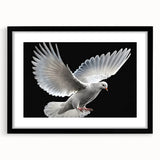Framed wall art featuring a black dove design, set against a white mat, showcasing a modern aesthetic. Ideal for contemporary home decor and bird enthusiasts.