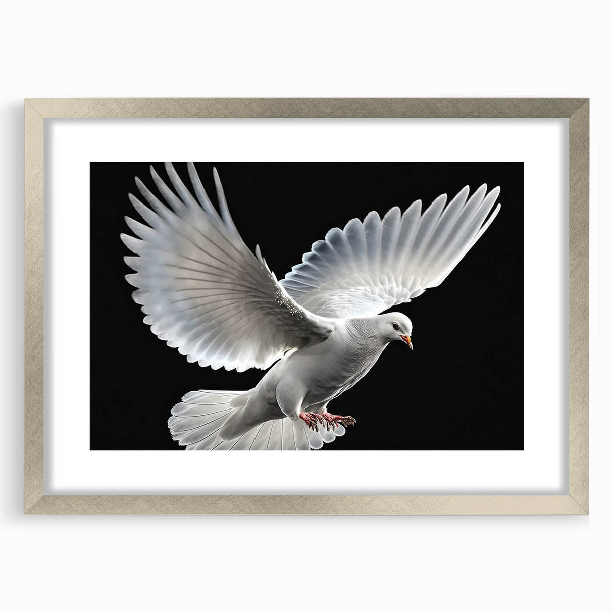 Silver-framed wall art collection featuring a dove design, elegantly matted for a refined presentation. Ideal for enhancing modern home decor with a serene touch.