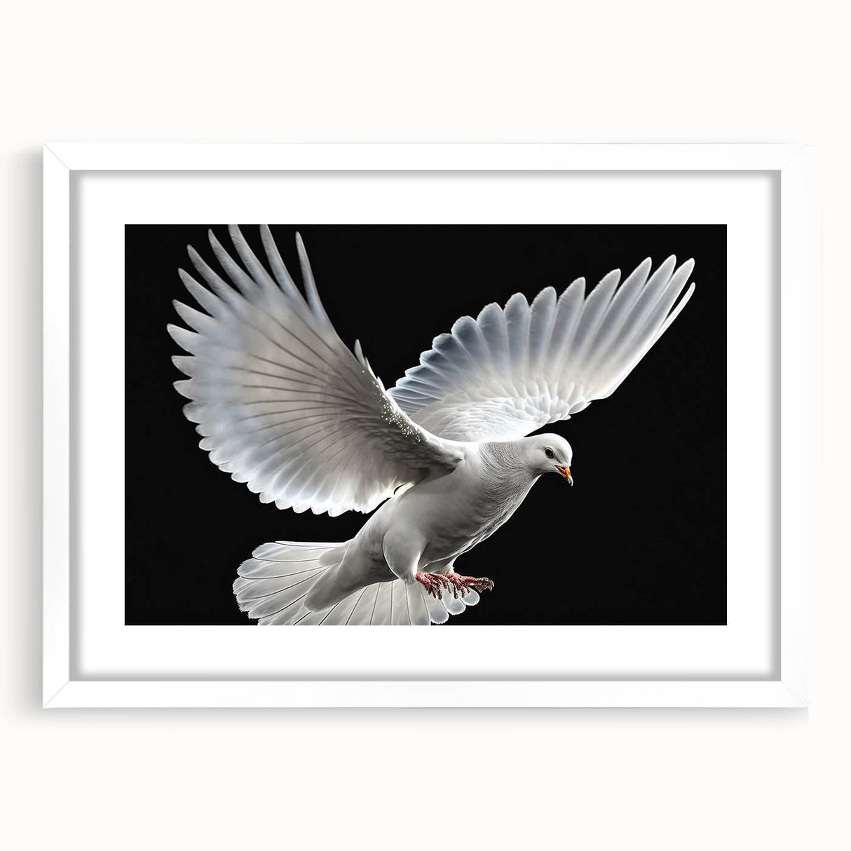 Framed wall art featuring a serene dove design, elegantly matted in white, perfect for modern home decor, showcasing tranquility and peace. Ideal for living spaces or as a thoughtful gift.