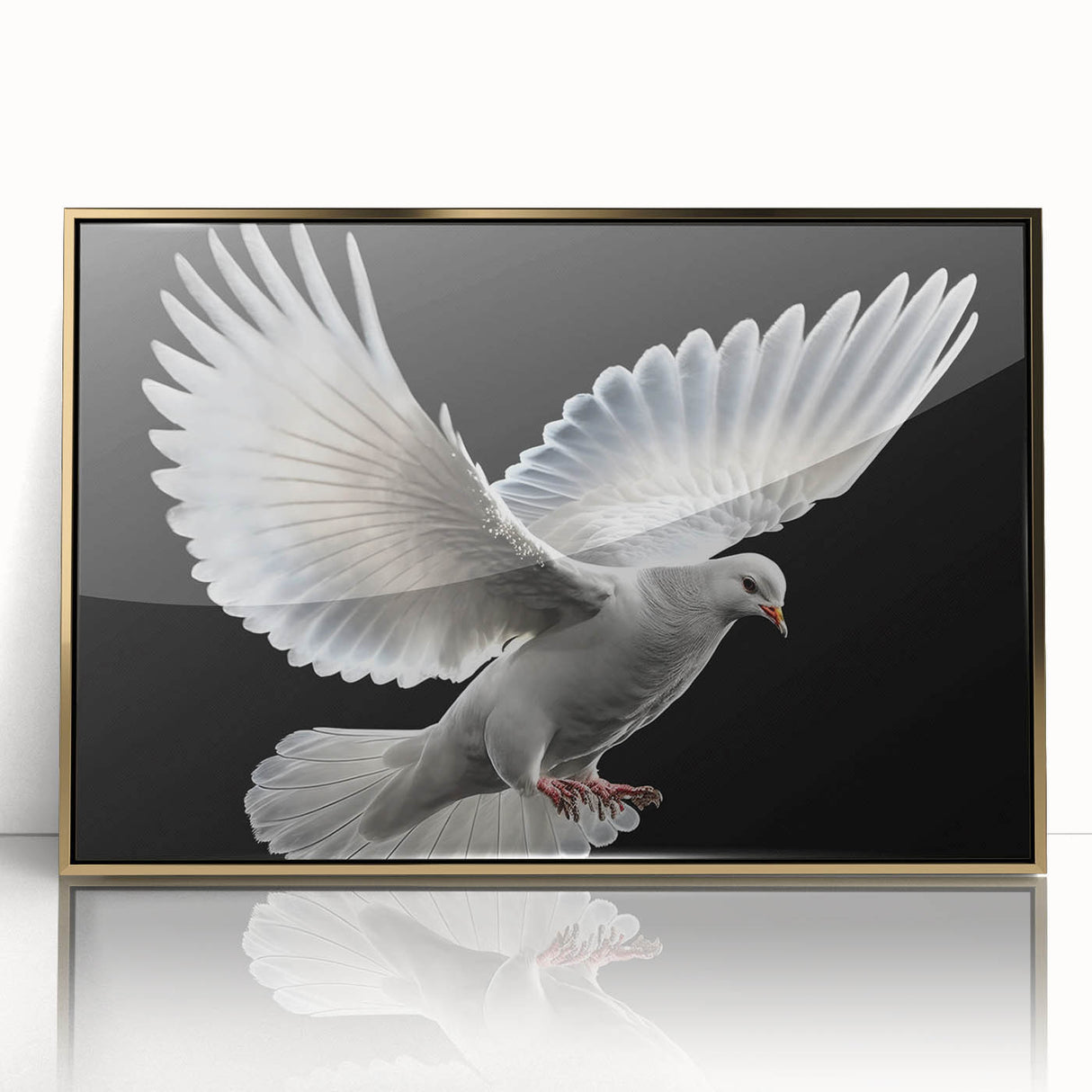 Framed wall art showcasing a graceful dove design, set in a sleek gold frame with an acrylic front, perfect for modern home decor. Ideal for bird lovers and art enthusiasts.