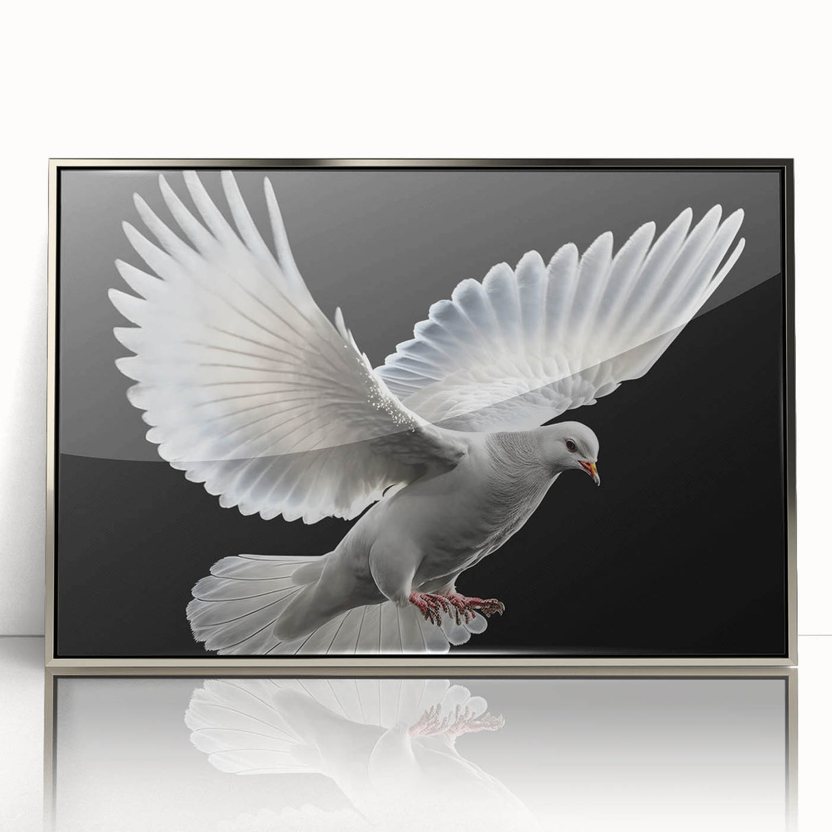 Framed wall art featuring an elegant dove design in silver acrylic, showcasing intricate details and a modern aesthetic, perfect for enhancing any interior decor.