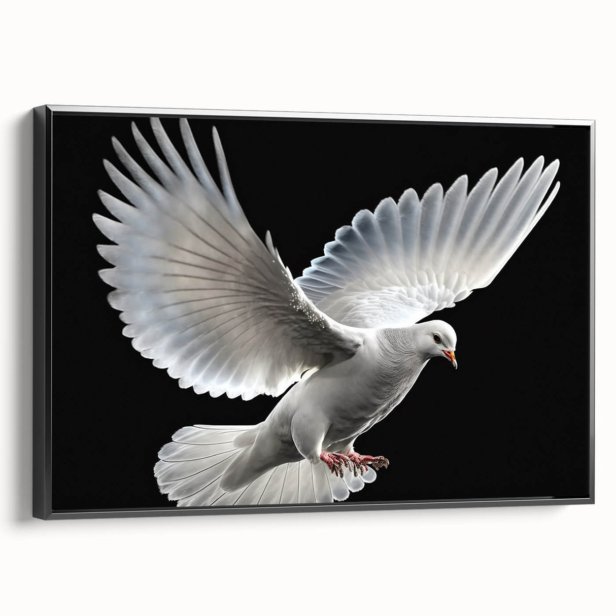 Framed canvas wall art featuring a serene dove design in black, showcasing elegant lines and textures, ideal for modern home decor and peaceful ambiance.