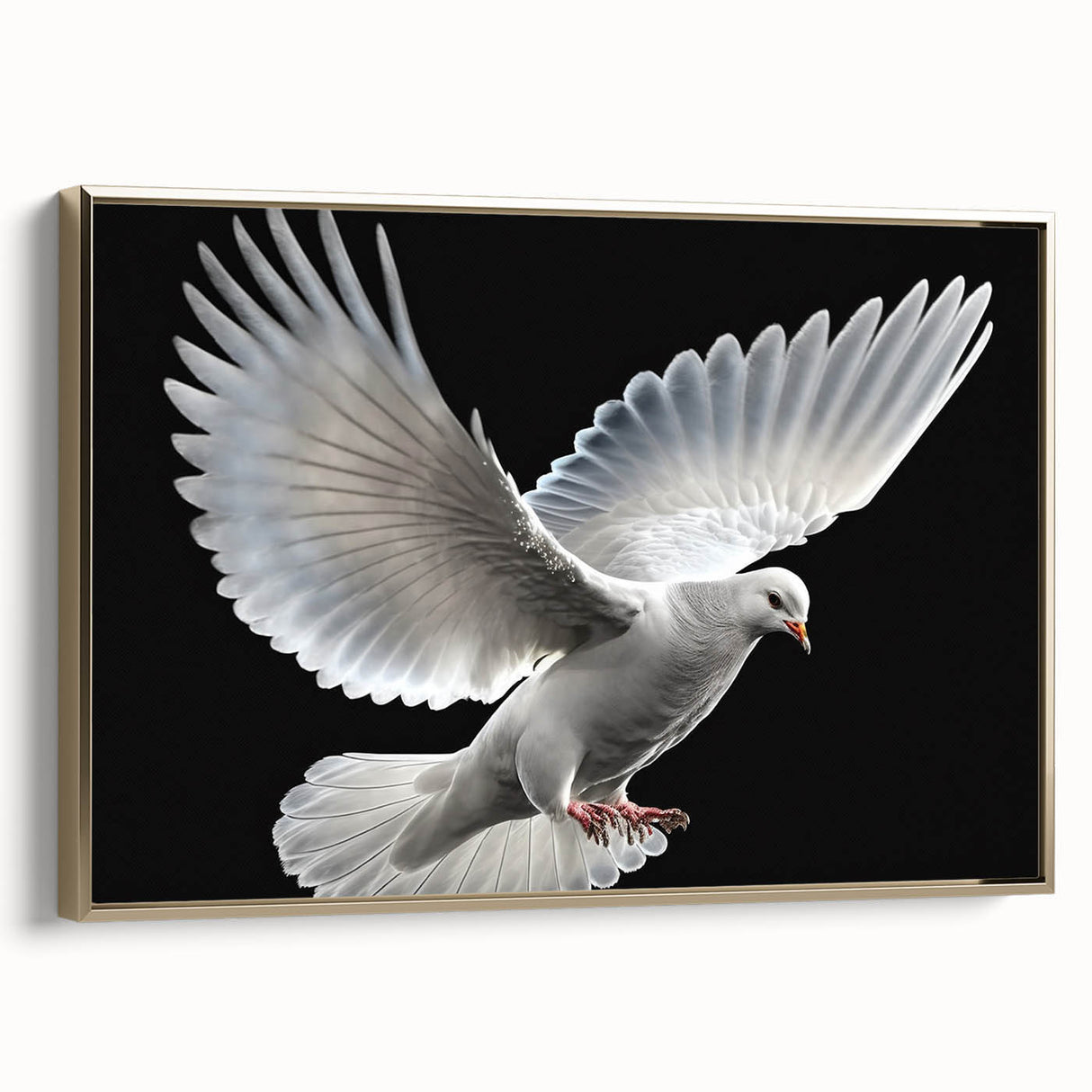 Framed wall art showcasing a gold-accented dove design on canvas, displayed in a modern setting with a sleek profile and elegant aesthetic, perfect for home decor.