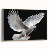 Framed wall art showcasing a gold-accented dove design on canvas, displayed in a modern setting with a sleek profile and elegant aesthetic, perfect for home decor.