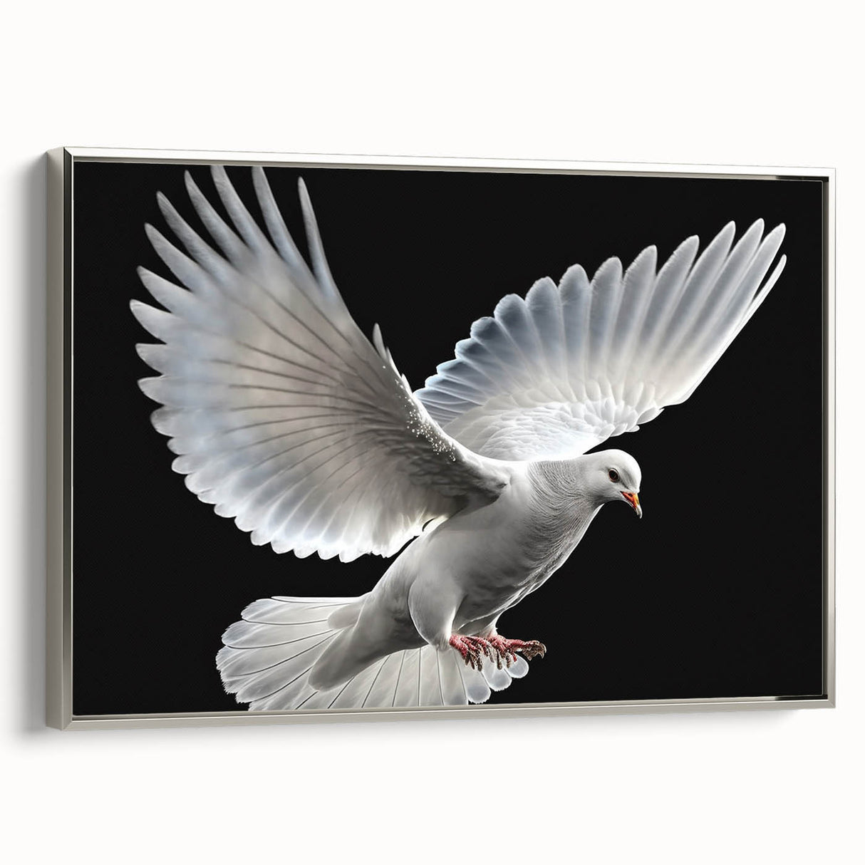 Framed canvas wall art featuring a serene dove design in silver tones, showcasing a side view with elegant detailing, perfect for modern home decor.