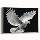 Framed canvas wall art featuring a serene dove design in silver tones, showcasing a side view with elegant detailing, perfect for modern home decor.