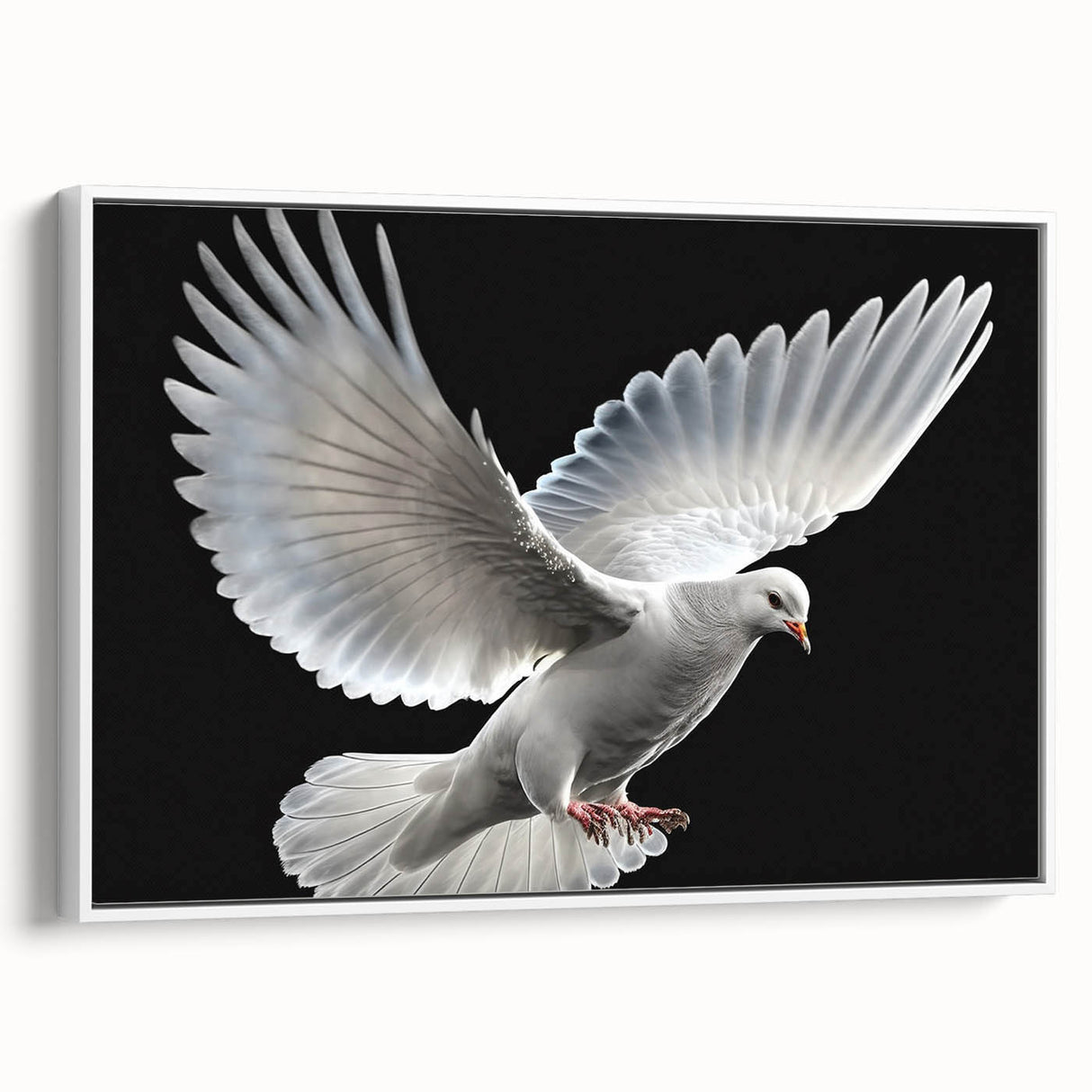 Framed wall art featuring a serene dove design on a white canvas, showcasing elegant details and a modern aesthetic, ideal for home decor enhancement.