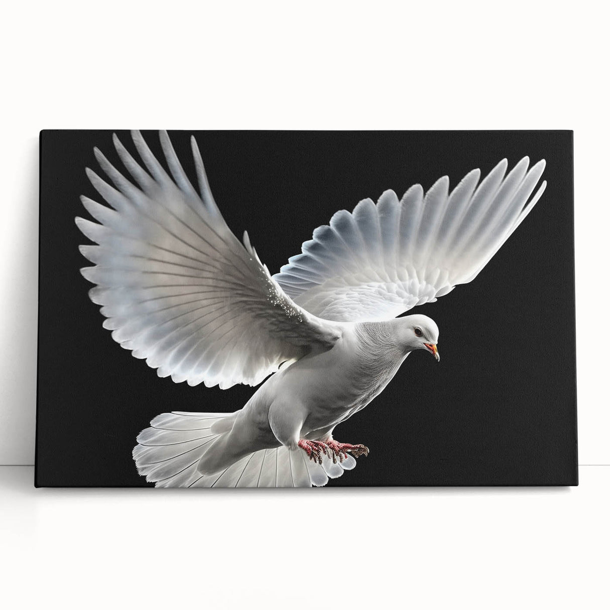 Elegant wall art featuring a serene dove design on stretched canvas, leaning against a textured wall, perfect for enhancing home decor with a peaceful vibe.
