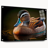 Acrylic wall art collection showcasing a vibrant duck design, displayed from the side with decorative pins, featuring a sleek glass finish and colorful details. Perfect for modern home decor, this piece adds a playful yet elegant touch to any space.