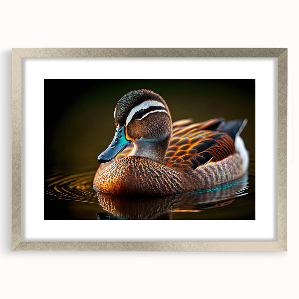 Framed wall art collection featuring a duck design with a silver mat, showcasing a modern aesthetic ideal for home decor. Perfect for nature lovers.