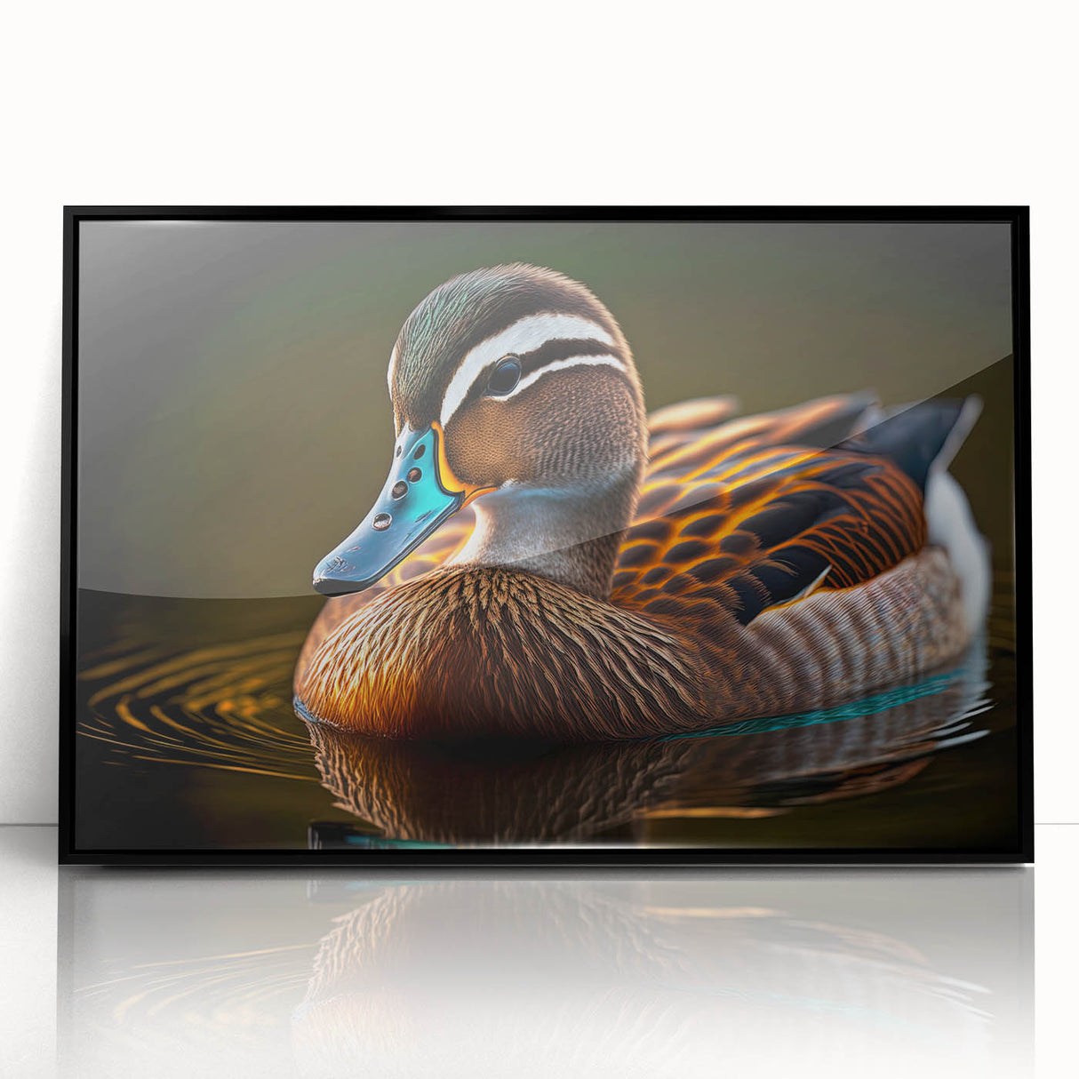 Framed wall art featuring a stylish duck design with vibrant colors and a sleek black frame, perfect for enhancing modern decor in any setting.