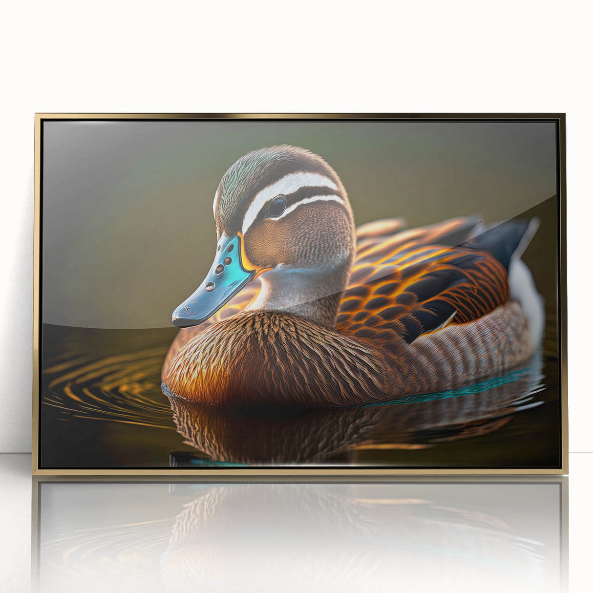 Framed wall art featuring a stylish duck design in gold-acrylic finish, showcasing vibrant colors and intricate details, perfect for modern home decor.