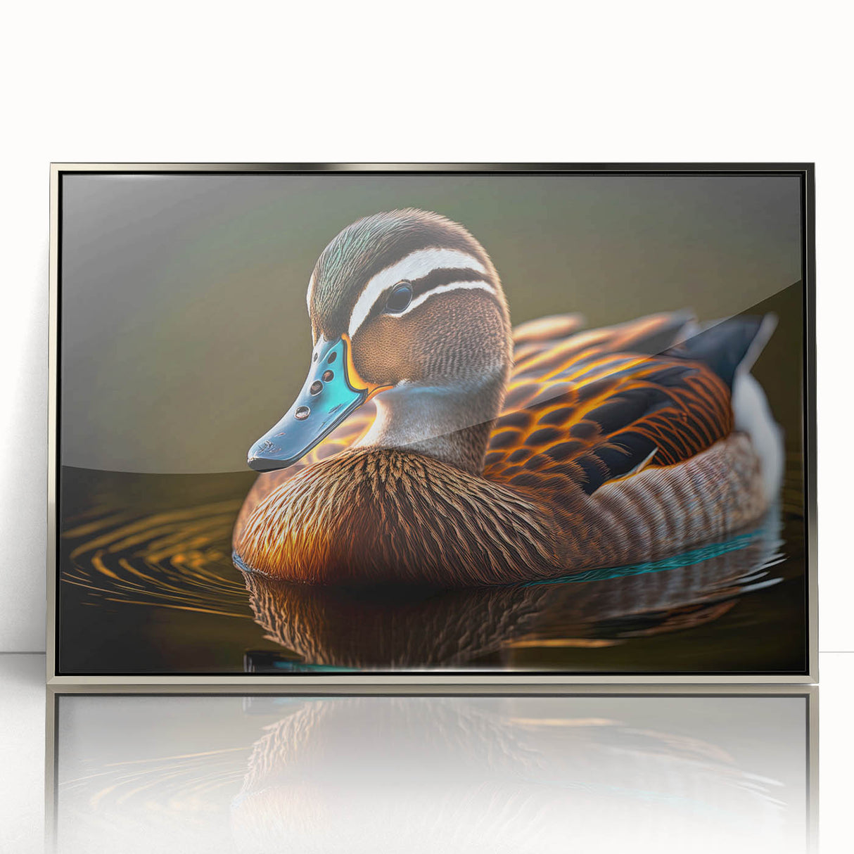 Framed wall art collection showcasing a serene duck design, featuring a silver acrylic frame and a sleek front view, perfect for enhancing modern decor.