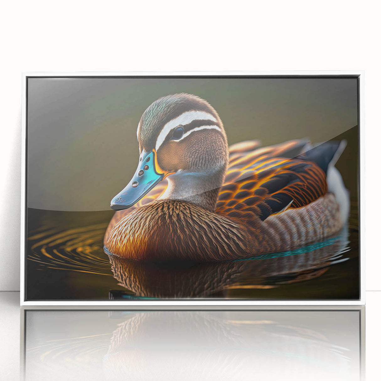 Framed wall art featuring a whimsical duck design in vibrant colors, set against a white background, perfect for children's rooms or playful decor.