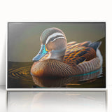 Framed wall art featuring a whimsical duck design in vibrant colors, set against a white background, perfect for children's rooms or playful decor.