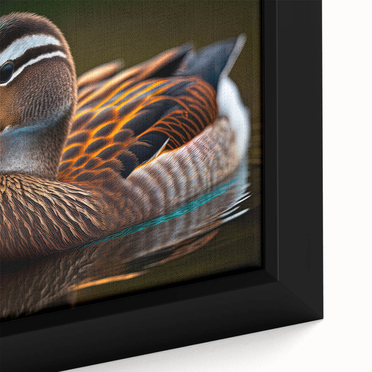 Close-up of a framed canvas wall art featuring a vibrant, whimsical duck design with colorful patterns, ideal for adding a playful touch to home decor.