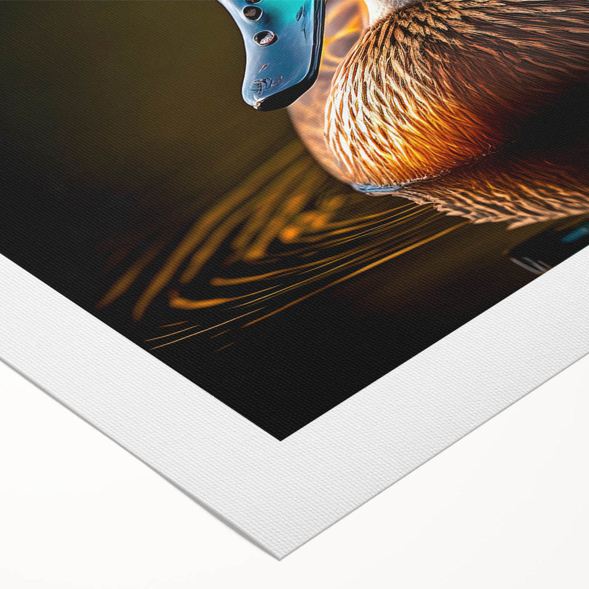 Rolled canvas wall art featuring a vibrant duck design, showcasing intricate details in bright colors against a neutral background, ideal for home decor.