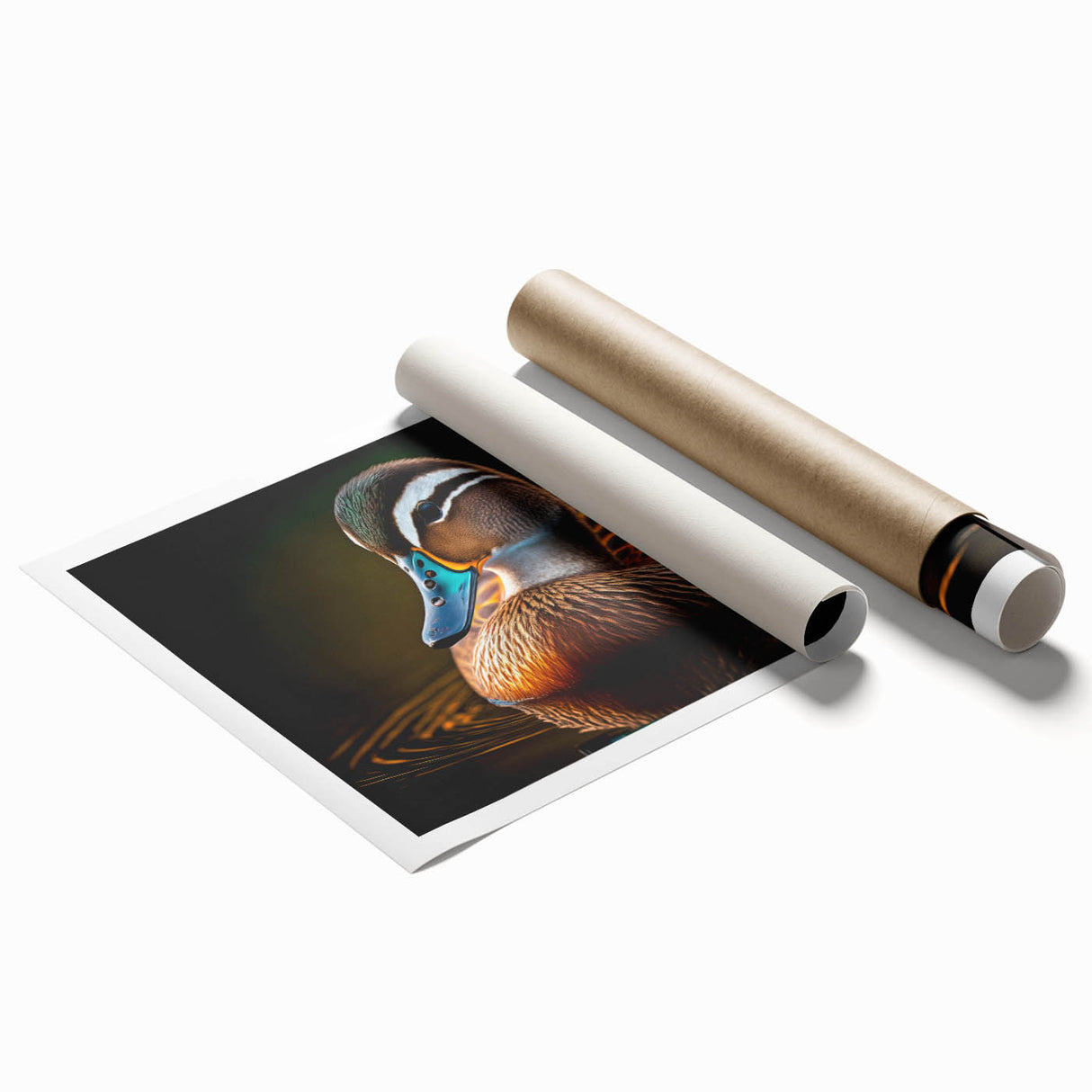 Colorful wall art print featuring a whimsical duck design, perfect for home decor. The rolled print highlights vibrant colors and intricate details, ideal for adding charm to any space.