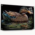 Colorful wall art collection showcasing a duck design in acrylic glass, displayed from a side view, emphasizing vibrant colors and unique pin details, perfect for home decor.