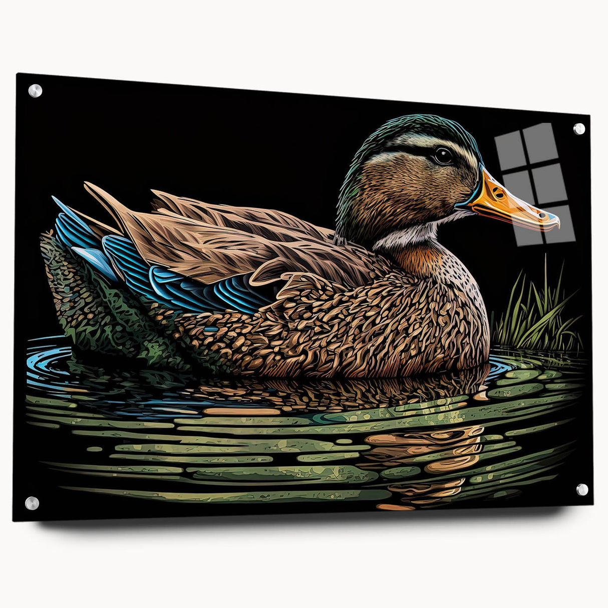 Colorful wall art collection showcasing a duck design in acrylic glass, displayed from a side view, emphasizing vibrant colors and unique pin details, perfect for home decor.