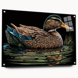 Colorful wall art collection showcasing a duck design in acrylic glass, displayed from a side view, emphasizing vibrant colors and unique pin details, perfect for home decor.