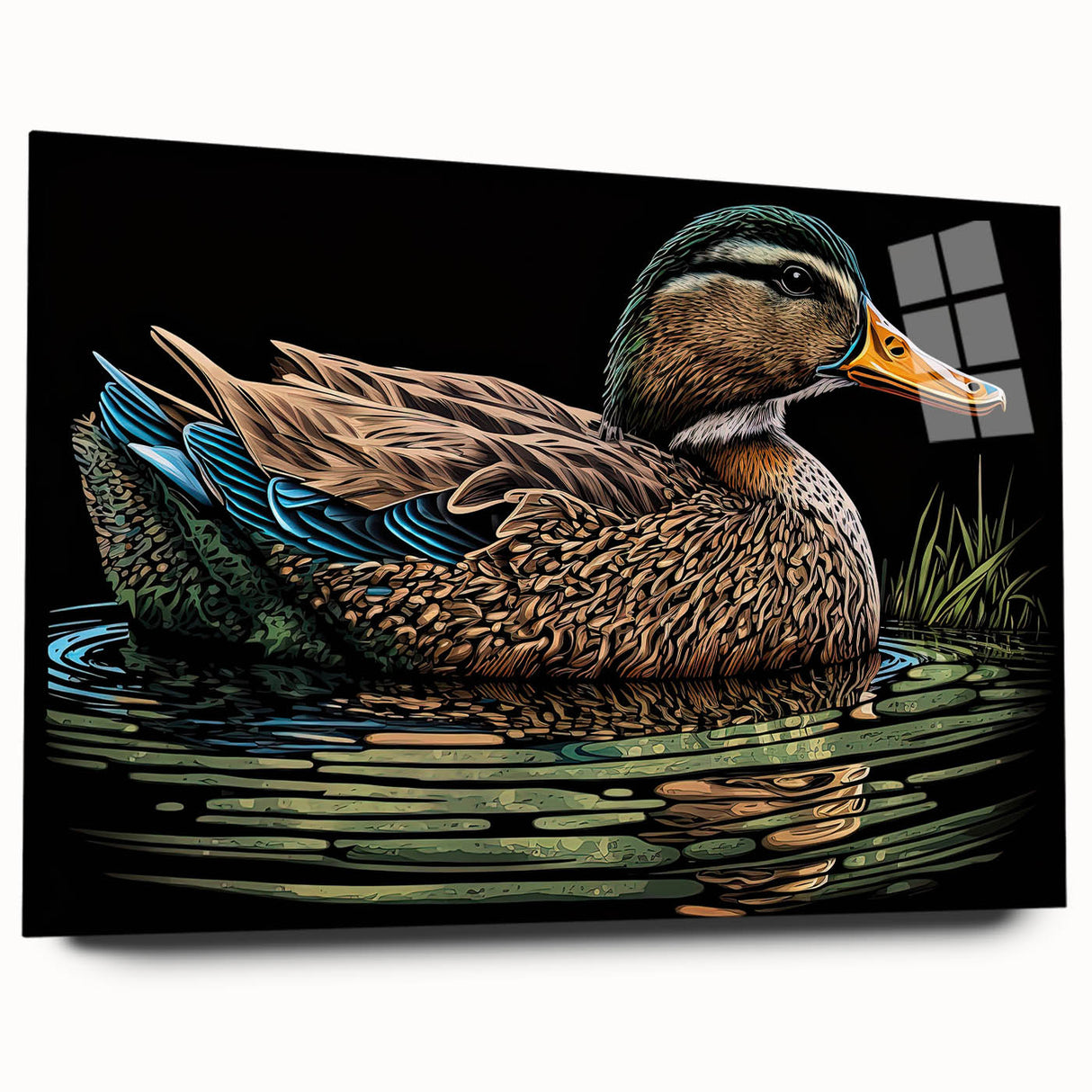 Acrylic glass wall art collection showcasing a vibrant duck design from a side view, highlighting its sleek finish and modern aesthetic, ideal for home decor.