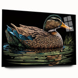 Acrylic glass wall art collection showcasing a vibrant duck design from a side view, highlighting its sleek finish and modern aesthetic, ideal for home decor.