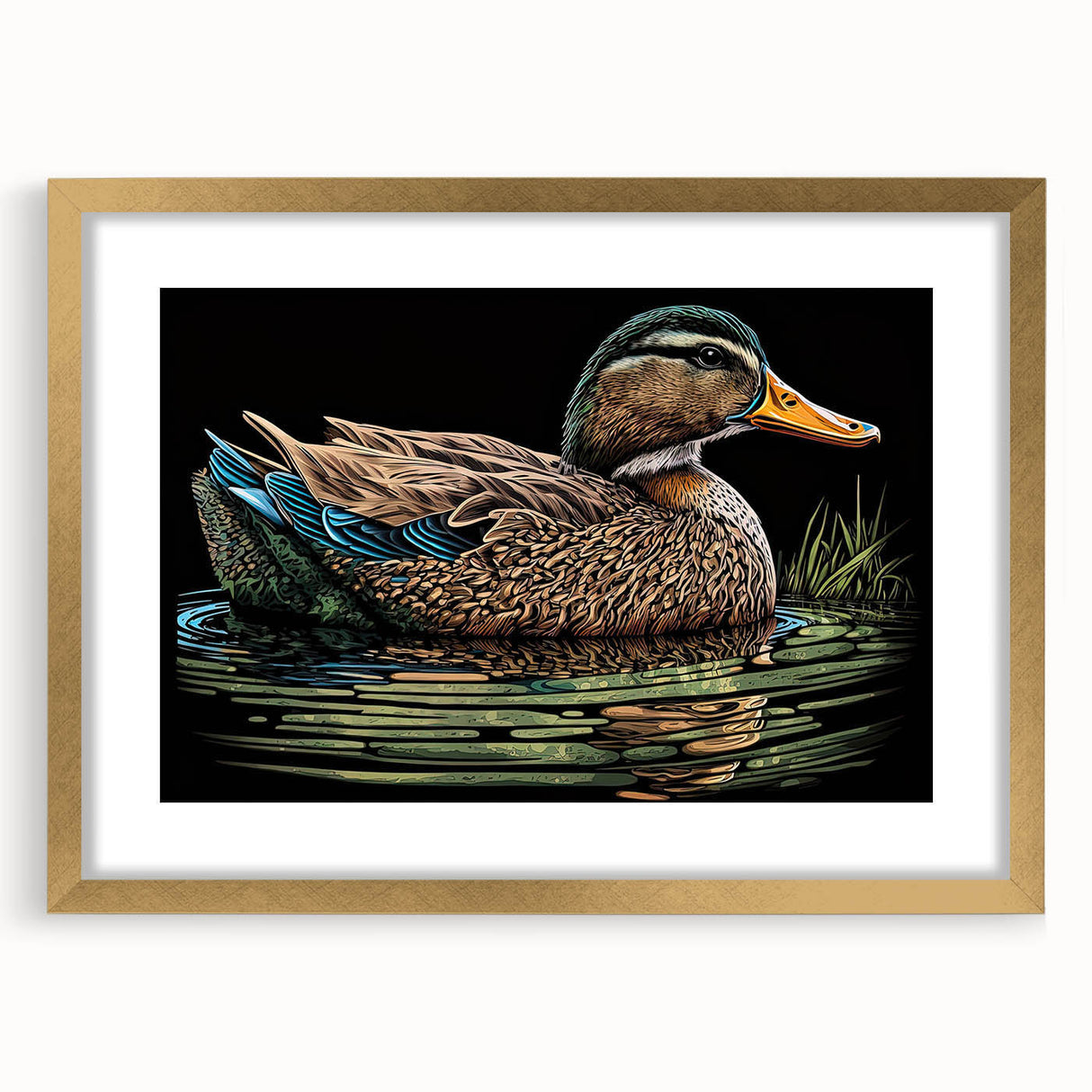 Elegant gold-framed wall art featuring a duck design, showcasing vibrant colors and intricate details, ideal for enhancing home decor with a nature theme.