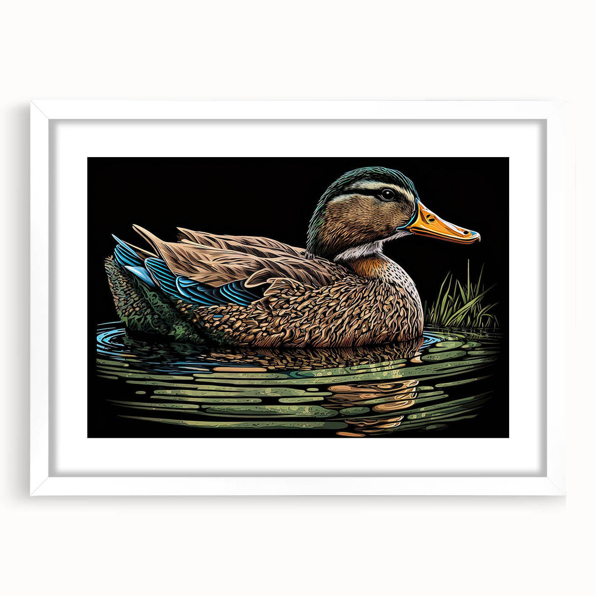 Framed wall art collection featuring a stylish duck design in vibrant colors, set against a white mat background, perfect for home decor accentuating nature themes.