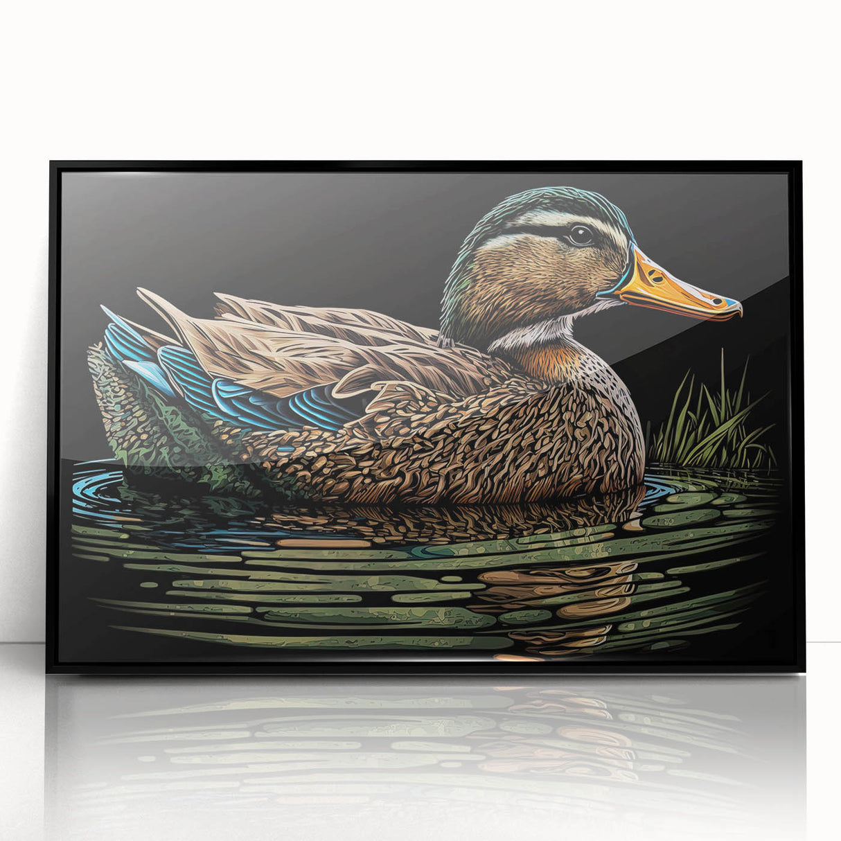 Framed wall art collection showcasing a stylish duck design in acrylic with a sleek black frame, perfect for modern home decor. Ideal for bird lovers and art enthusiasts.