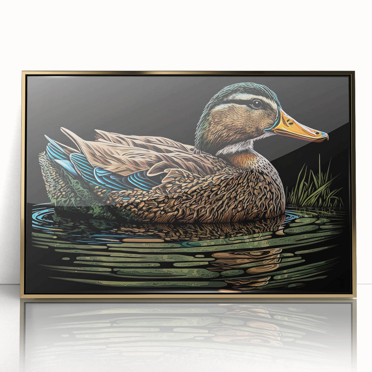 Framed wall art featuring a duck design with a gold acrylic front, ideal for home decor. The piece showcases vibrant colors and intricate detailing, enhancing any space.