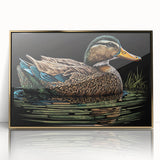 Framed wall art featuring a duck design with a gold acrylic front, ideal for home decor. The piece showcases vibrant colors and intricate detailing, enhancing any space.