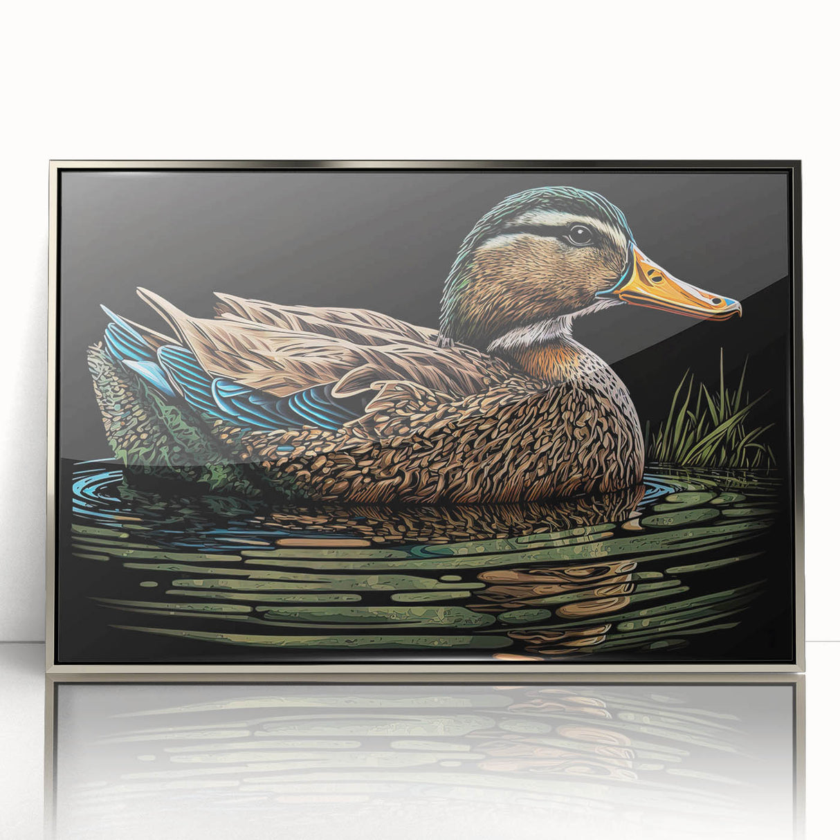 Framed wall art collection showcasing a colorful duck design in a silver frame, perfect for enhancing home decor with a vibrant touch.