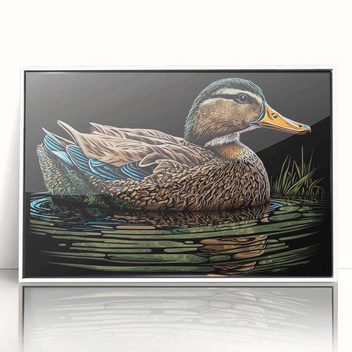 Framed wall art featuring a vibrant duck design on a white background, showcasing colorful details and a sleek acrylic finish, perfect for home decor.
