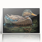Framed wall art featuring a vibrant duck design on a white background, showcasing colorful details and a sleek acrylic finish, perfect for home decor.