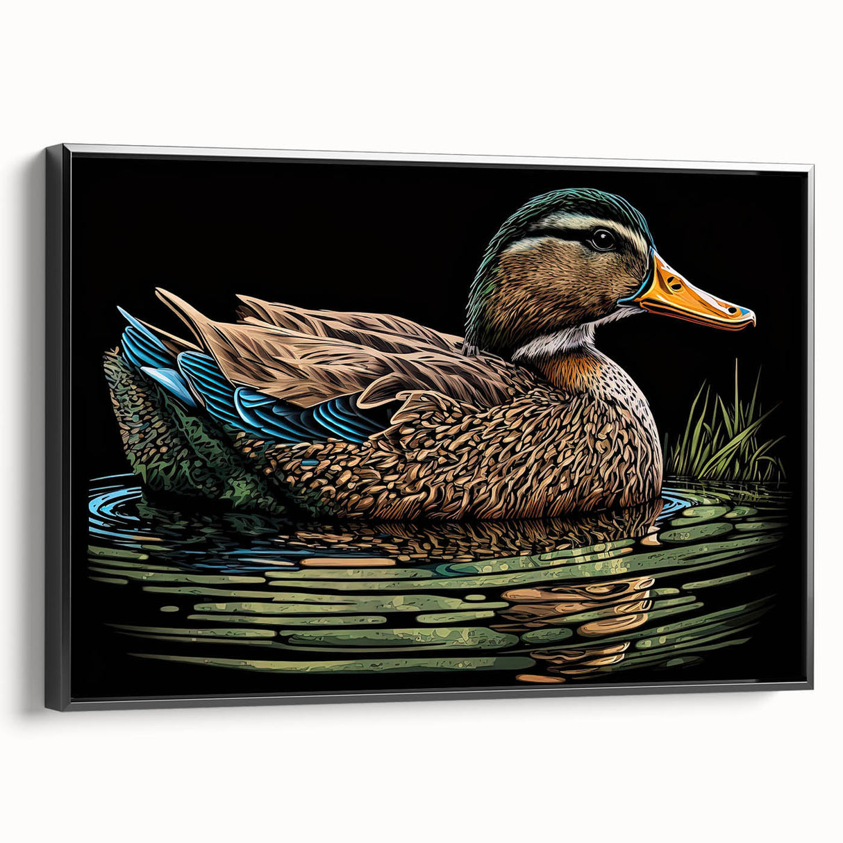 Framed canvas wall art showcasing a charming duck design, featuring a sleek black frame. The artwork is displayed in a side view, emphasizing its elegant presentation suitable for home decor.